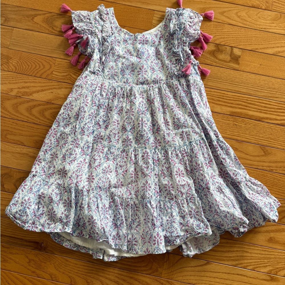 Mer St Barthes Girls White Floral Tassel-Trim Casual Dress - Pink Accents